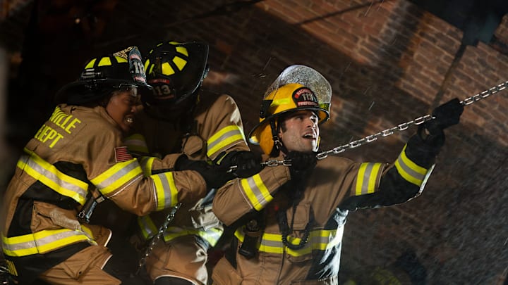 9-1-1: NASHVILLE - “Hell and High Water” - A tornado’s path leads the Station 113 team to an intense rescue at a water tower. Ryan and his wife reach a turning point, while Dixie has an assignment for Blue. Cammie coaches a distressed teenager through her mother’s childbirth. THURSDAY, OCT. 16 (9:00-10:00 p.m. EDT) on ABC. (Disney/Jake Giles Netter)
HAILEY KILGORE, HUNTER MCVEY 9-1-1: NASHVILLE - “Hell and High Water” - A tornado’s path leads the Station 113 team to an intense rescue at a water tower. Ryan and his wife reach a turning point, while Dixie has an assignment for Blue. Cammie coaches a distressed teenager through her mother’s childbirth. THURSDAY, OCT. 16 (9:00-10:00 p.m. EDT) on ABC. (Disney/Jake Giles Netter)
HAILEY KILGORE, HUNTER MCVEY