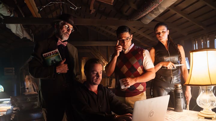 “Page-Turner” – Pictured: Gary Cole as Alden Parker / Professor Parkman, Sean Murray as Timothy McGee / McGregor, Wilmer Valderrama as S.A. Nicolas Torres / Rick Soares and Katrina Law as NCIS S.A. Jessica Knight / Knightshade. Photo: Bill Inoshita/CBS ©2025 CBS Broadcasting, Inc. All Rights Reserved.