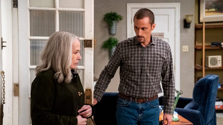Matlock - “Prior Bad Acts” – Pictured (L-R): Kathy Bates as “Madeline Matlock” and Niko Nicotera as “Joey.” Photo credit: Michael Yarish/2025 CBS Entertainment Inc. All Rights Reserved.