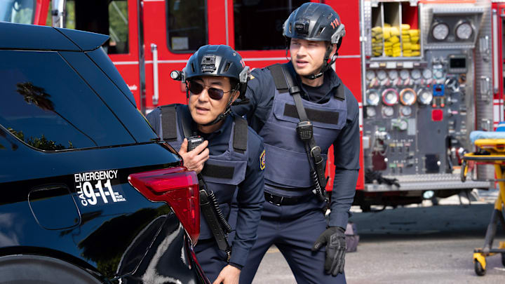 9-1-1: “War” - Following Hen’s firing, Chimney grapples with his decision and how it has affected the team. Meanwhile, a new AI call center assistant, meant to help, has begun to create more complications, and the 118 must intervene. THURSDAY, JAN. 15 (8:00-9:00 p.m. EST) on ABC. (Disney/Christopher Willard) 
KENNETH CHOI, OLIVER STARK