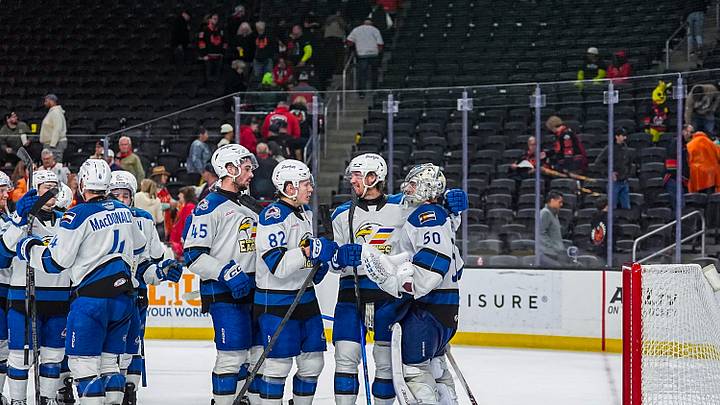 Colorado Eagles players celebrate their win with goalie Trent Miner after Game 1 of the Pacific Division Finals at Acrisure Arena in Palm Desert, Calif., Wednesday, May 13, 2026.
