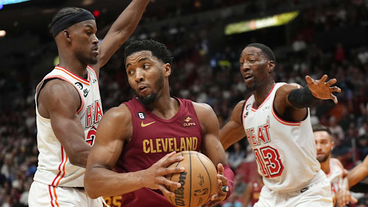 Mar 10, 2023; Miami, Florida, USA;  Cleveland Cavaliers guard Donovan Mitchell (45) looks to pass