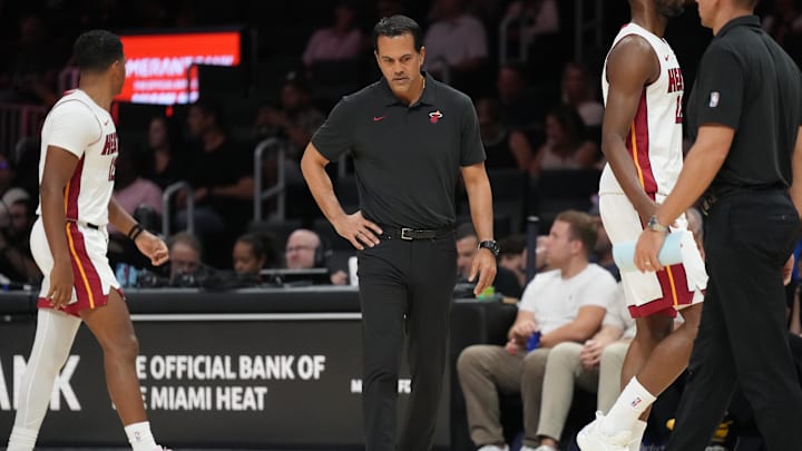 Oct 17, 2025; Miami, Florida, USA;  Miami Heat head coach Erik Spoelstra walks on the court during a timeout in the game against the Memphis Grizzlies at Kaseya Center. Mandatory Credit: Jim Rassol-Imagn Images