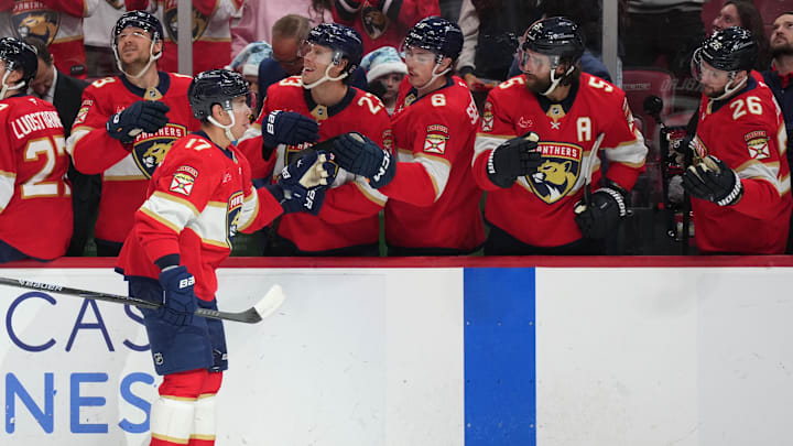Dec 6, 2025; Sunrise, Florida, USA; Florida Panthers center Evan Rodrigues (17) celebrates a goal against the Columbus Blue Jackets during the first period at Amerant Bank Arena. Mandatory Credit: Jim Rassol-Imagn Images Dec 6, 2025; Sunrise, Florida, USA; Florida Panthers center Evan Rodrigues (17) celebrates a goal against the Columbus Blue Jackets during the first period at Amerant Bank Arena. Mandatory Credit: Jim Rassol-Imagn Images