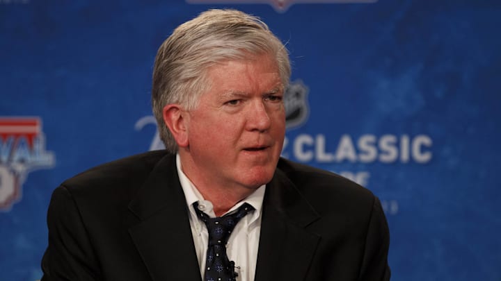 Feb. 9, 2012; Ann Arbor, MI, USA; Toronto Maple Leafs general manager Brian Burke during an NHL press conference for the 2013 Winter Classic between Detroit Red Wings and Toronto Maple Leafs at Michigan Stadium. Mandatory Credit: Rick Osentoski-USA TODAY Sports