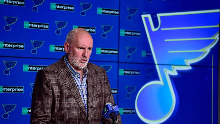 Feb 18, 2020; St. Louis, Missouri, USA;  St. Louis Blues general manager Doug Armstrong talks with the media about the acquisition of defenseman Marco Scandella from the Montreal Canadians prior to a game against the New Jersey Devils at Enterprise Center. Mandatory Credit: Jeff Curry-Imagn Images