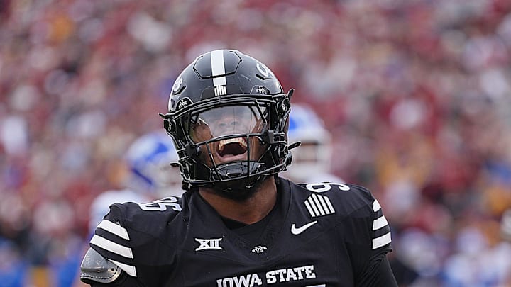 Iowa State Cyclones' defensive line Domonique Orange (95) celebrates after a stop BYU offense during the first quarter at Jack Trice Stadium on Oct. 25, 2025, in Ames, Iowa. Iowa State Cyclones' defensive line Domonique Orange (95) celebrates after a stop BYU offense during the first quarter at Jack Trice Stadium on Oct. 25, 2025, in Ames, Iowa.