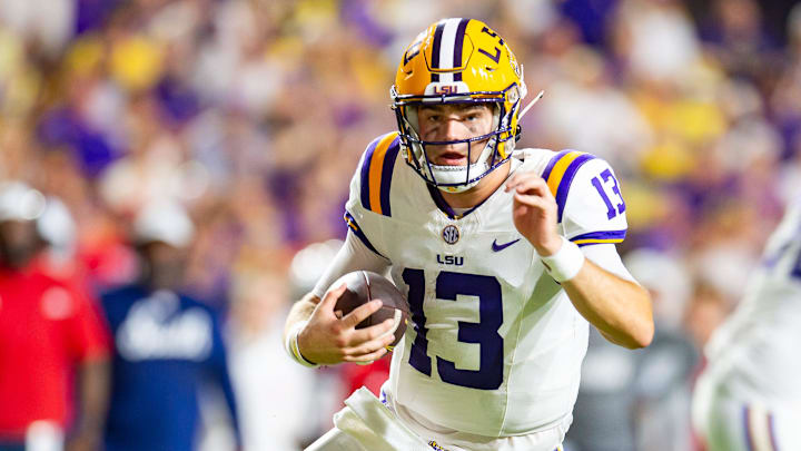 Tigers quarterback Garrett Nussmeier 13 scores a touchdown as the LSU Tigers take on the South Alabama Jaguars at Tiger Stadium in Baton Rouge, LA. Saturday, Sept. 28, 2024.