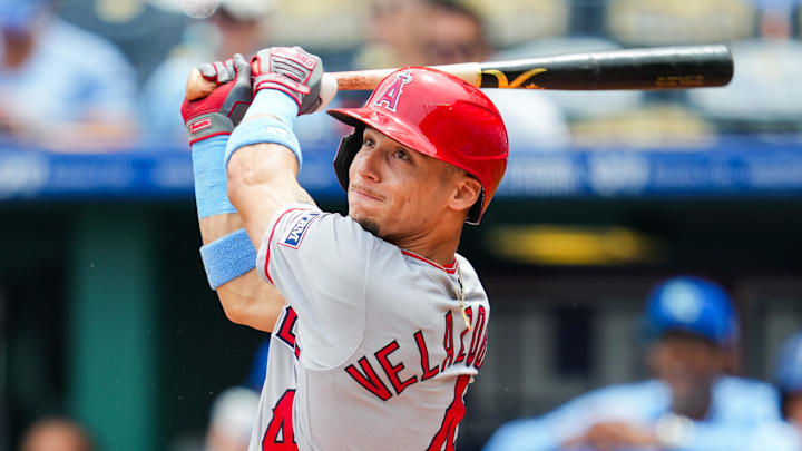 Jun 18, 2023; Kansas City, Missouri, USA; Los Angeles Angels shortstop Andrew Velazquez (4) bats during the third inning against the Kansas City Royals at Kauffman Stadium. Mandatory Credit: Jay Biggerstaff-Imagn Images