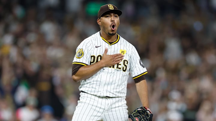 San Diego Padres relief pitcher Jeremiah Estrada (56) celebrates. Mandatory Credit: David Frerker-USA TODAY Sports
