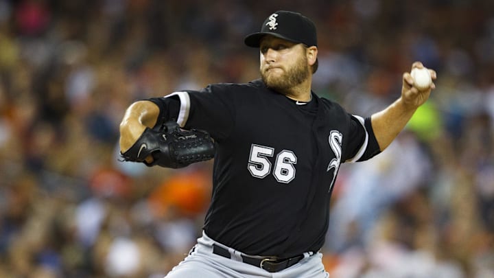 September 4, 2011; Detroit, MI, USA; Chicago White Sox starting pitcher Mark Buehrle (56) pitches during the second inning against the Detroit Tigers at Comerica Park. Mandatory Credit: Rick Osentoski-Imagn Images