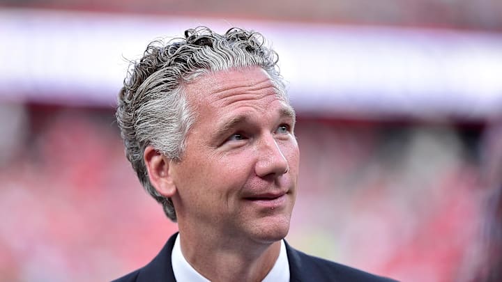 Aug 24, 2019; St. Louis, MO, USA; St. Louis Cardinals general manager Mike Girsch looks on during a