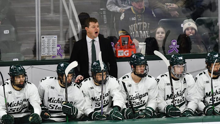 MSU hockey coach Adam Nightingale coaches his Spartans against Notre Dame, Saturday, Nov. 15, 2024, at Munn Ice Arena. MSU won 4-3 to sweep the series.