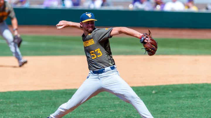 West Virginia baseball's Tyler Hutson mid-pitch during Game 1 of the 2025 NCAA Division 1 Super Regional Baseball Championship at Alex Box Stadium in Baton Rouge, LA. Saturday, June 7, 2025.