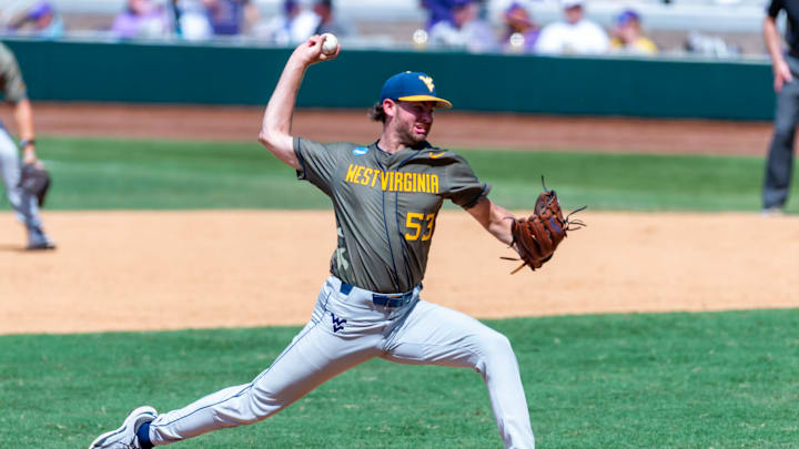 Pitcher Tyler Hudson 53, The LSU Tigers take on the West Virginia Mountaineers in game 1 of the 2025 NCAA Div 1 Super Regional Baseball Championship at Alex Box Stadium in Baton Rouge, LA. Saturday, June 7, 2025. Saturday, June 7, 2025.