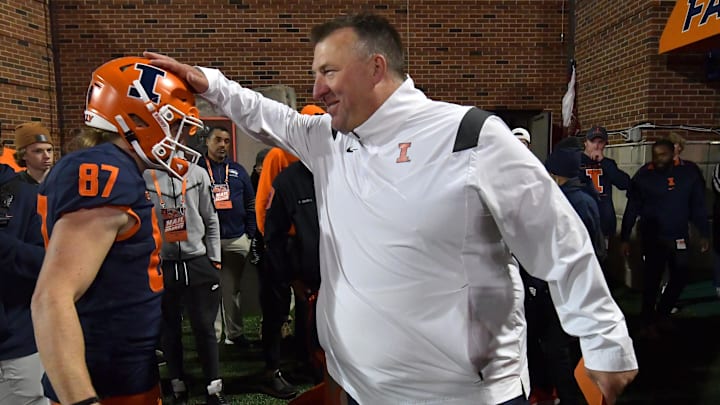 Oct 8, 2022; Champaign, Illinois, USA;  Illinois Fighting Illini head coach Bret Bielema celebrates