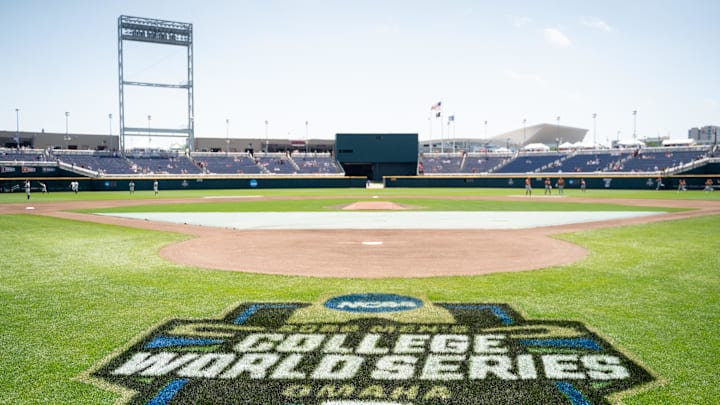 Jun 19, 2022; Omaha, NE, USA; The 2022 NCAA College World Series logo is pictured on the field before the game between the Texas Longhorns and the Texas A&M Aggies at Charles Schwab Field. Mandatory Credit: Dylan Widger-Imagn Images Jun 19, 2022; Omaha, NE, USA; The 2022 NCAA College World Series logo is pictured on the field before the game between the Texas Longhorns and the Texas A&M Aggies at Charles Schwab Field. Mandatory Credit: Dylan Widger-Imagn Images