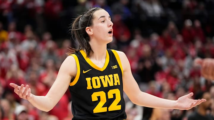 Jan 21, 2024; Columbus, Ohio, USA; Iowa Hawkeyes guard Caitlin Clark (22) reacts during the NCAA