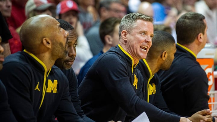 Michigan coach Dusty May instructs his team during the Indiana vs. Michigan game at Simon Skjodt Assembly Hall on Saturday, Feb. 8, 2025 in Bloomington, Indiana.