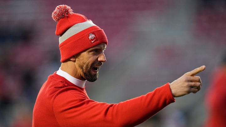 Oct 28, 2023; Madison, Wisconsin, USA; Ohio State Buckeyes assistant coach James Laurinaitis warms