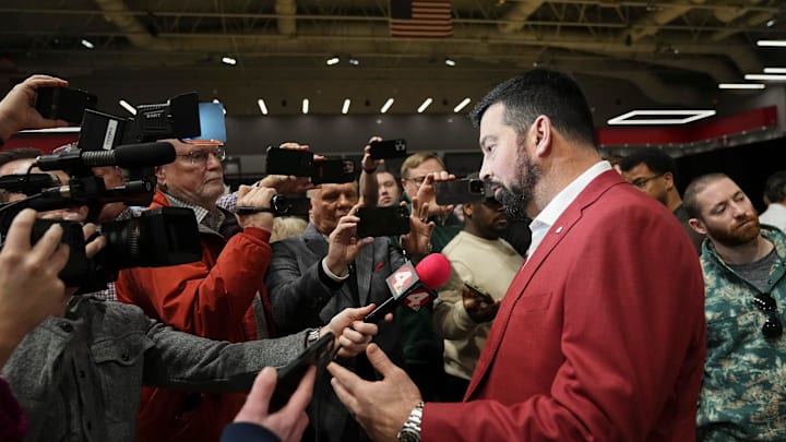 Jan 17, 2024; Columbus, OH, USA; Ohio State Buckeyes football coach Ryan Day speaks to media