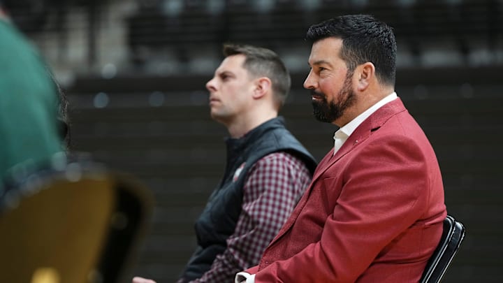 Jan 17, 2024; Columbus, OH, USA; Ohio State Buckeyes football coach Ryan Day listens during a press