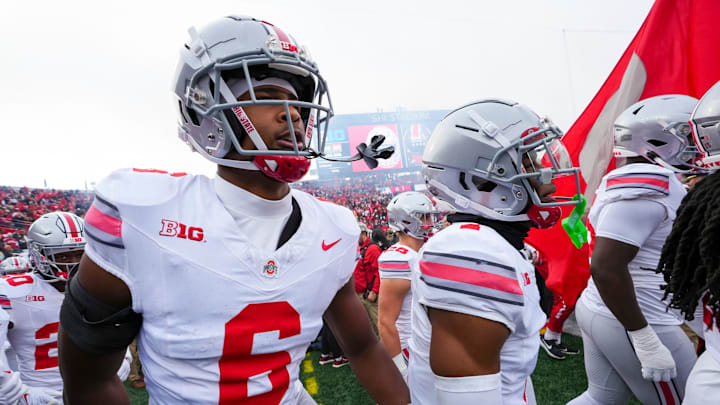 Nov 4, 2023; Piscataway, New Jersey, USA; Ohio State Buckeyes safety Sonny Styles (6) and cornerback