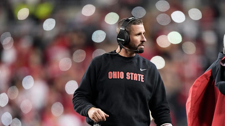 Nov 18, 2023; Columbus, Ohio, USA; Ohio State Buckeyes offensive coordinator Brian Hartline talks to