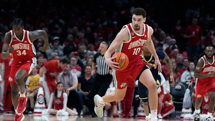Mar 3, 2024; Columbus, OH, USA; Ohio State Buckeyes forward Jamison Battle (10) dribbles the ball