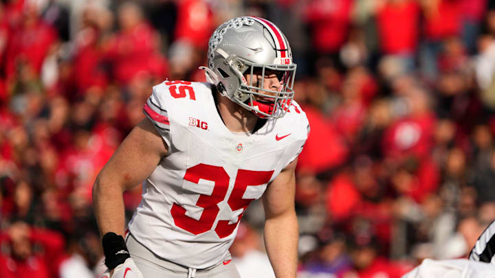 Nov 4, 2023; Piscataway, New Jersey, USA; Ohio State Buckeyes linebacker Tommy Eichenberg (35) lines