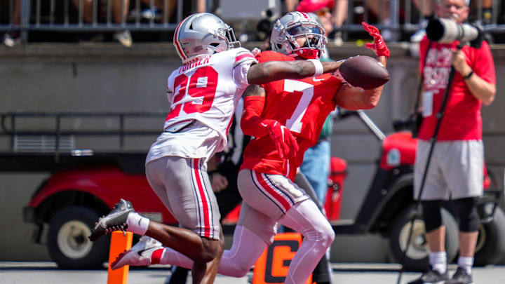 Apr 15, 2023; Columbus, Ohio, United States;  Ohio State Buckeyes cornerback Ryan Turner (29) 