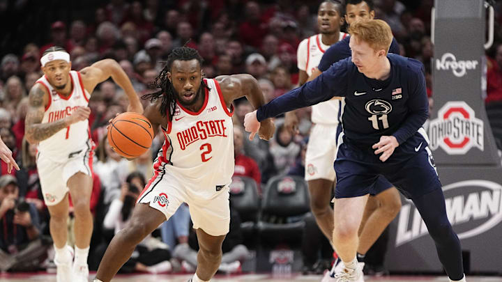 Jan 20, 2024; Columbus, Ohio, USA; Ohio State Buckeyes guard Bruce Thornton (2) steals the ball from