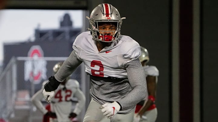 Ohio State Buckeyes safety Kourt Williams II (2) runs a drill during a spring football practice at the Woody Hayes Athletics Center in Columbus on March 22, 2022.

Ncaa Football Ohio State Spring Practice