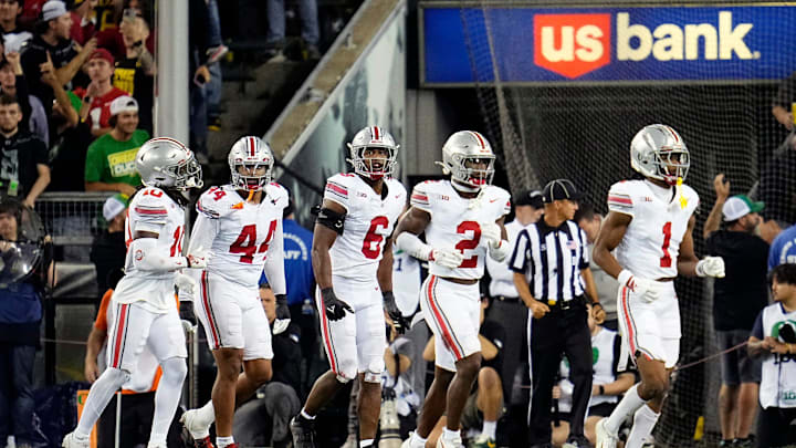 Oct 12, 2024; Eugene, Oregon, USA; Ohio State Buckeyes defense comes off the field against Oregon Ducks in the second half during the NCAA football game at Autzen Stadium.
