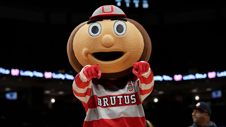 Brutus cheers during the second half of the NCAA men's basketball game between the Ohio State Buckeyes and the Campbell Fighting Camels at Value City Arena in Columbus on Friday, Nov. 22, 2024. Ohio State won 104-60.