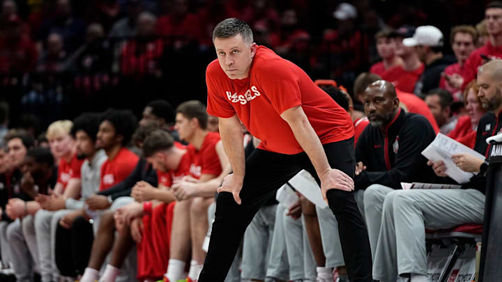 Ohio State Buckeyes head coach Jake Diebler watches during the first half of the NCAA men's basketball game against the Pittsburgh Panthers at Value City Arena in Columbus on Friday, Nov. 29, 2024.