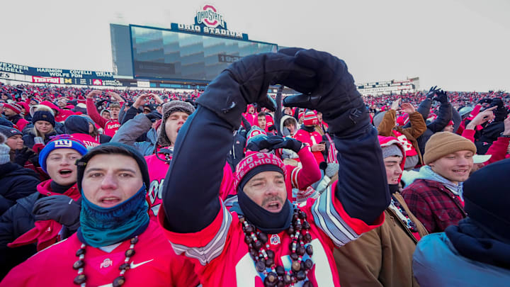 Fans cheer on the Ohio State Buckeyes during the NCAA football game against the Michigan Wolverines at Ohio Stadium in Columbus on Tuesday, Dec. 3, 2024. Michigan won 13-10.