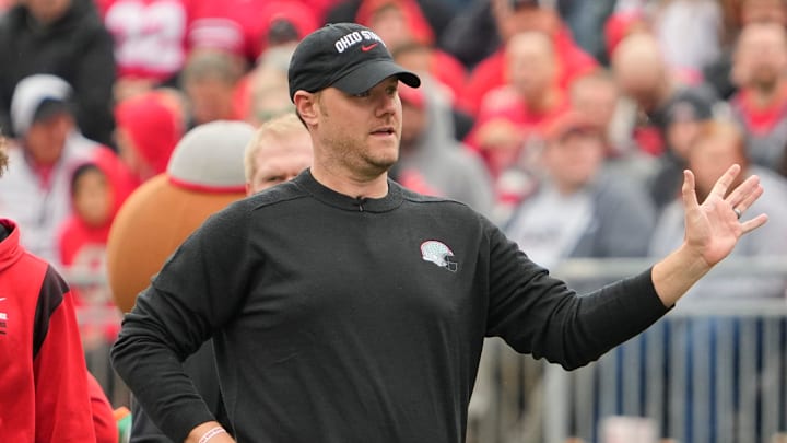 Ohio State Buckeyes offensive line coach Justin Frye yells during the spring football game at Ohio Stadium in Columbus on April 16, 2022.

Ncaa Football Ohio State Spring Game