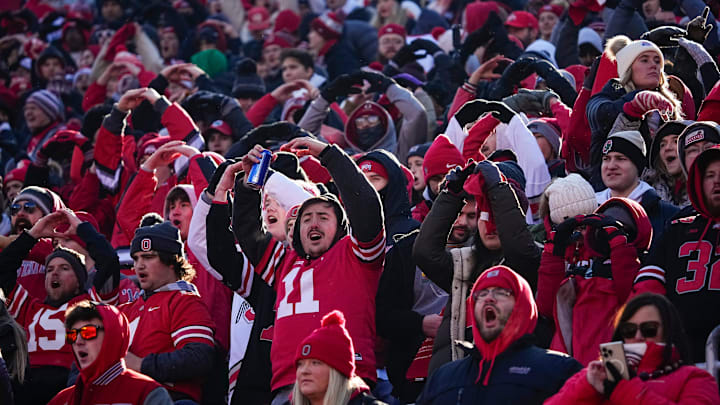 Ohio State students in the Block O section cheer on the Buckeyes during the NCAA football game against the Michigan Wolverines at Ohio Stadium in Columbus on Tuesday, Dec. 3, 2024. Michigan won 13-10.