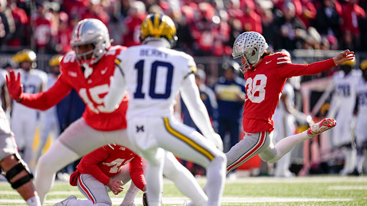 Ohio State Buckeyes place kicker Jayden Fielding (38) kicks a field goal during the NCAA football game against the Michigan Wolverines at Ohio Stadium in Columbus on Tuesday, Dec. 3, 2024. Michigan won 13-10.