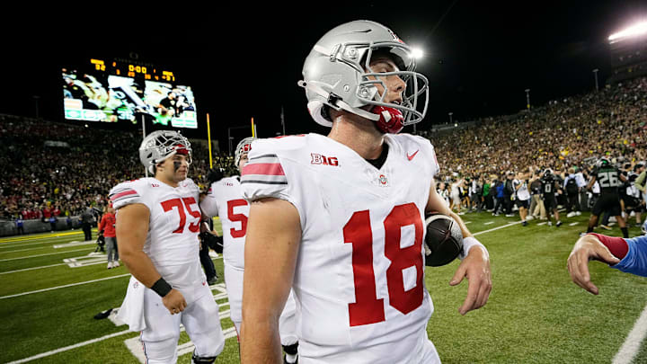 Oct 12, 2024; Eugene, Oregon, USA; Ohio State Buckeyes quarterback Will Howard (18) walks off the field after losing 32-31 to Oregon Ducks during the NCAA football game at Autzen Stadium.