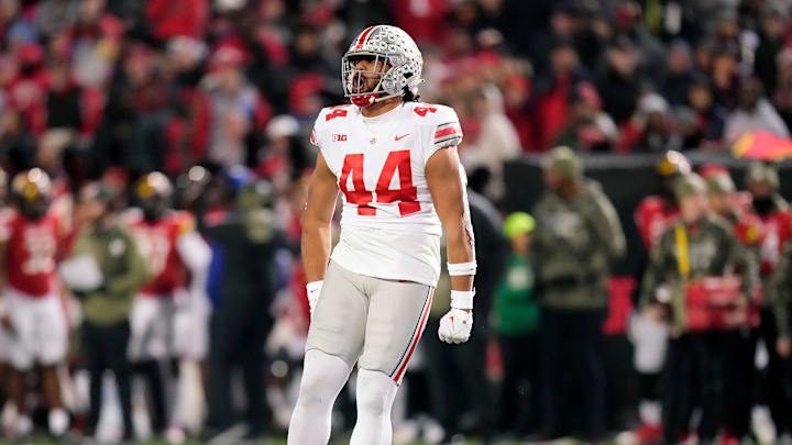 Nov 19, 2022; College Park, MD, USA; Ohio State Buckeyes defensive end J.T. Tuimoloau (44) celebrates his sack of Maryland Terrapins quarterback Taulia Tagovailoa (3) in the second quarter of their Big Ten game at SECU Stadium.

Ceb Osu22mar Kwr 35