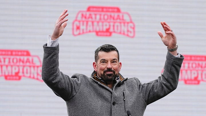 Head coach Ryan Day fires up the crowd during the Ohio State Buckeyes College Football Playoff National Championship celebration at Ohio Stadium in Columbus on Jan. 26, 2025.