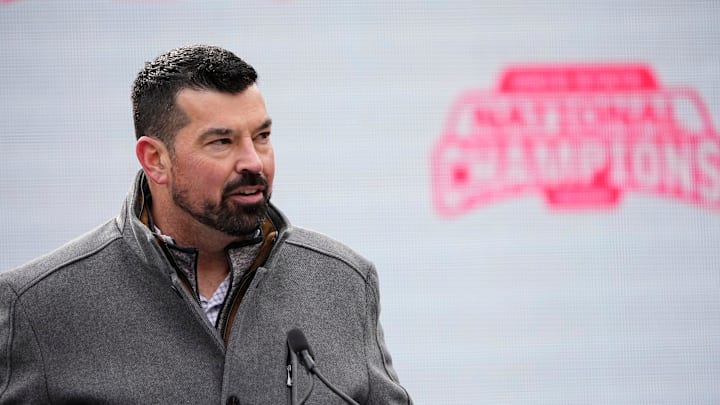 Ohio State Buckeyes head coach Ryan Day speaks during the Ohio State Buckeyes College Football Playoff National Championship celebration at Ohio Stadium in Columbus on Jan. 26, 2025.