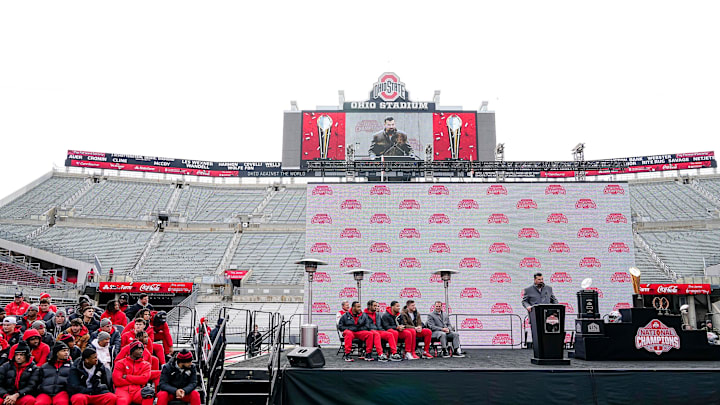 Ohio State Buckeyes head coach Ryan Day speaks during the Ohio State Buckeyes College Football Playoff National Championship celebration at Ohio Stadium in Columbus on Jan. 27, 2025.