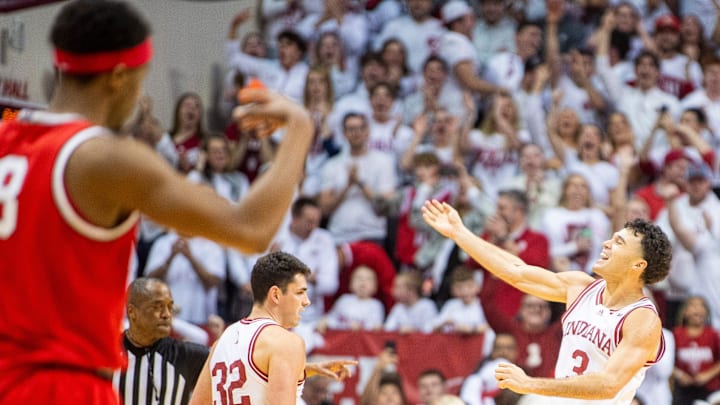 Indiana's Anthony Leal (3)celebrates during the Indiana versus Ohio State men's basketball game at Simon Skjodt Assembly Hall on Saturday, March 8, 2025.