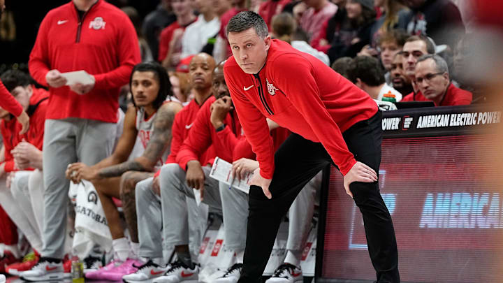 Ohio State Buckeyes head coach Jake Diebler watches during the first half of the NCAA men's basketball game against the Rutgers Scarlet Knights at Value City Arena in Columbus on Saturday, Dec. 7, 2024.