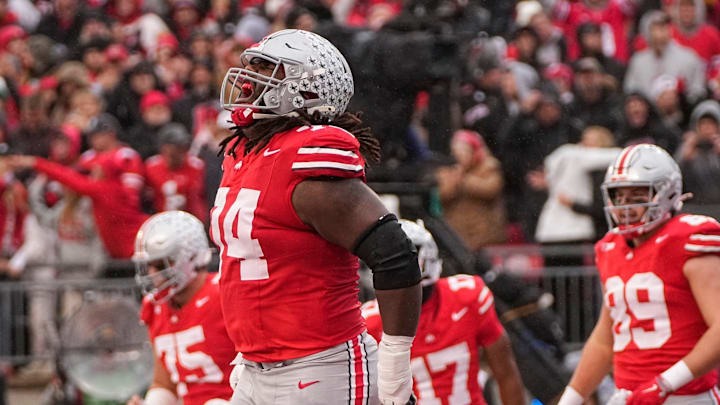 Ohio State offensive lineman Donovan Jackson (74) moved from guard to tackle this season following an injury to Josh Simmons.