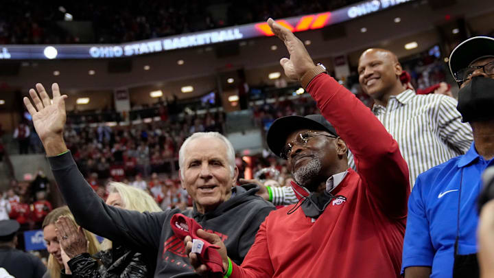 Jerry Lucas, Archie Griffin and Ryan Shazier are recognized on the big screen prior to the NCAA men's basketball game between the Ohio State Buckeyes and the Duke Blue Devils at Value City Arena in Columbus on Tuesday, Nov. 30, 2021.

Duke At Ohio State Big Ten Acc Challenge