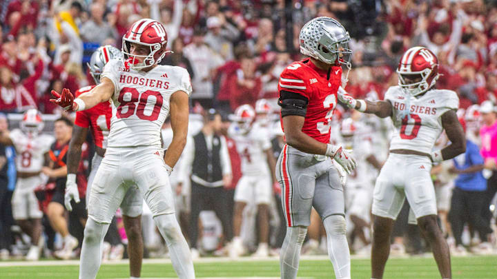 Indiana's Charlie Becker (80) celebrates his first down catch during the Indiana versus Ohio State Big Ten Championship football game at Lucas Oil Stadium on Saturday, Dec. 6, 2025.